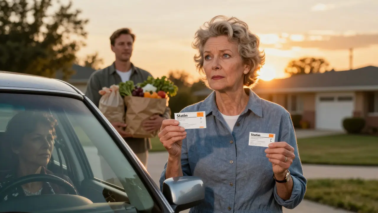 A woman holds statin and vitamin D bottles, gazing at her reflection in a car window as sunset lights the driveway.