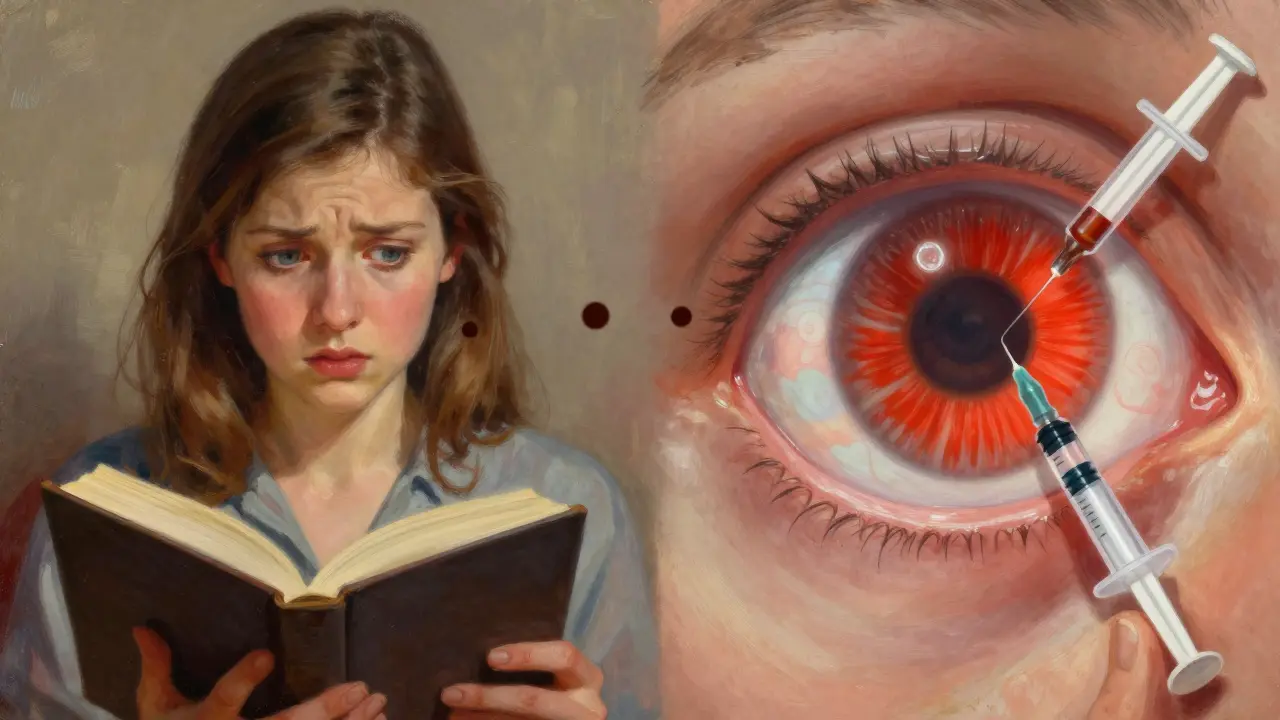 A woman sees floaters in her vision while reading, while a cross-section of her inflamed eye shows steroid treatment being delivered.