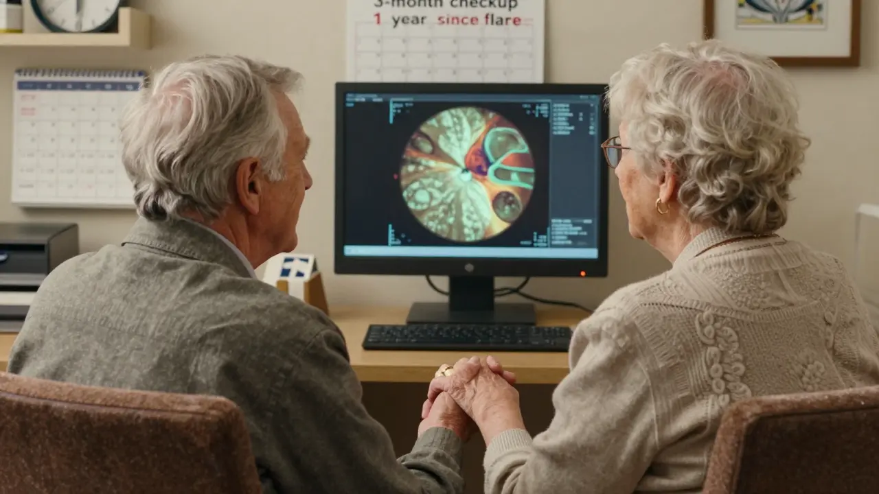 An elderly couple views an OCT retinal scan together, symbolizing long-term uveitis monitoring and care.