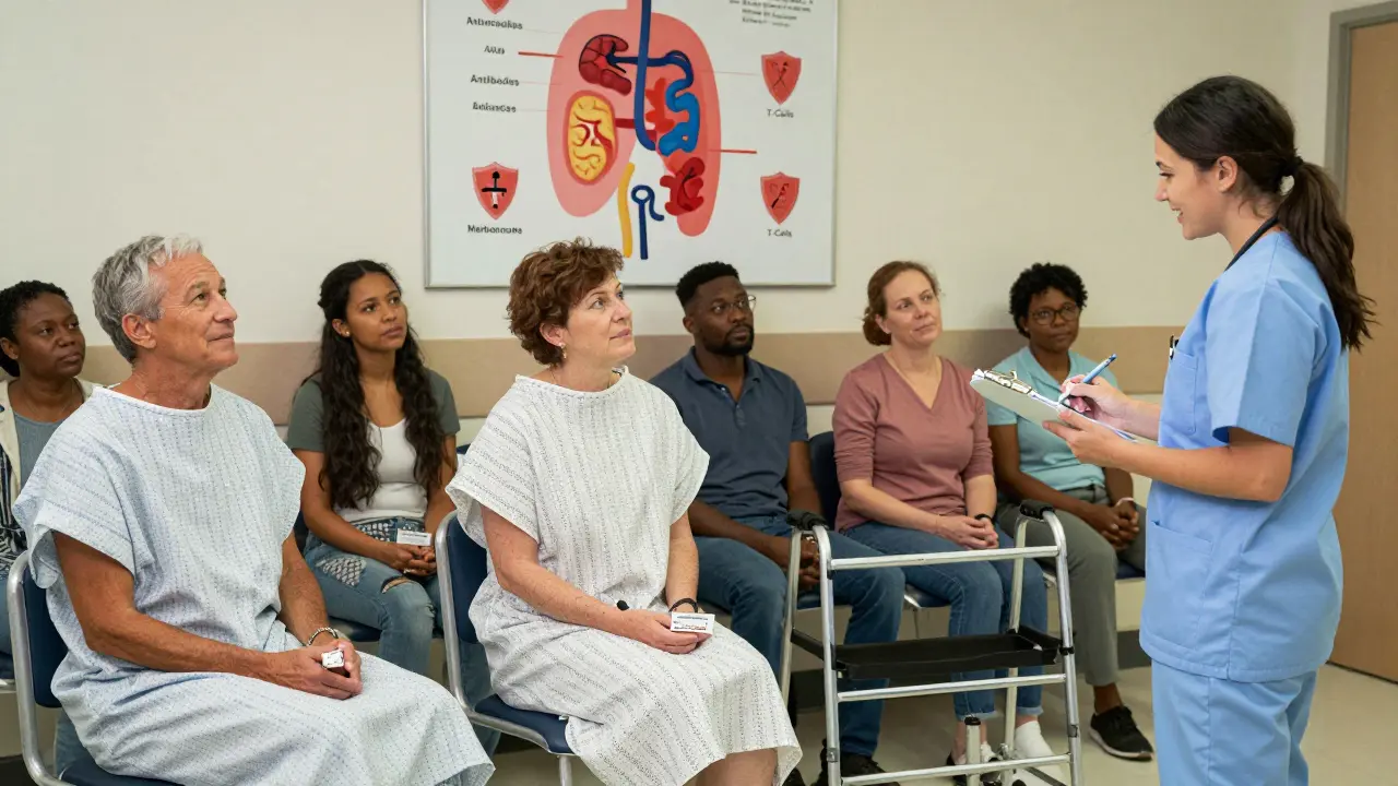 Diverse immunosuppressed patients in a clinic waiting room, each holding vaccine cards under a poster about immune response.