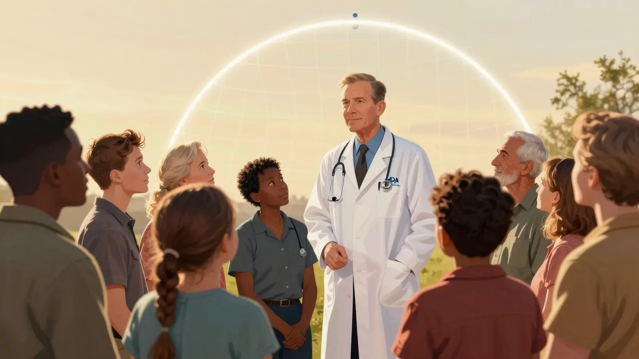 Healthcare provider standing protectively with diverse patients under a safety net.