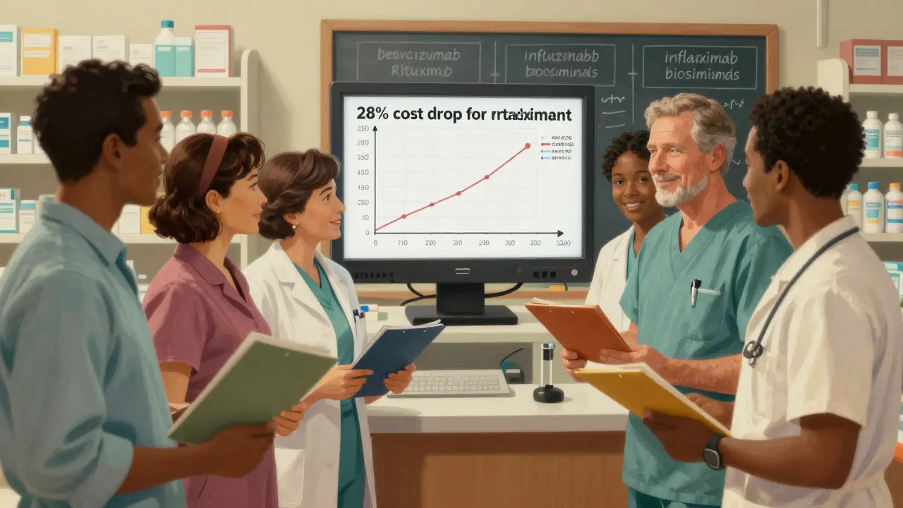 Healthcare workers celebrate cost savings from biosimilars in a hospital pharmacy, with a chalkboard listing approved biosimilar drugs.