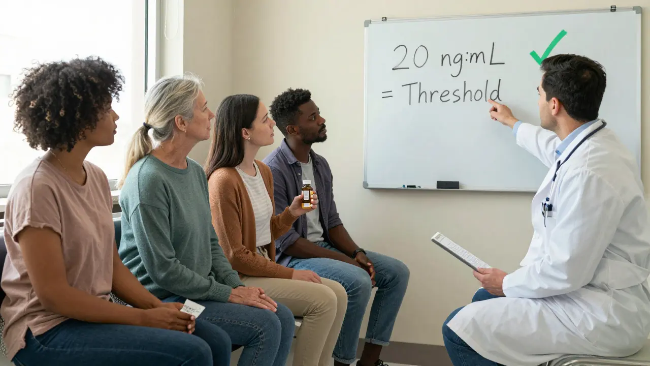 Patients in a clinic wait as a doctor explains vitamin D thresholds on a whiteboard, surrounded by quiet human concern.