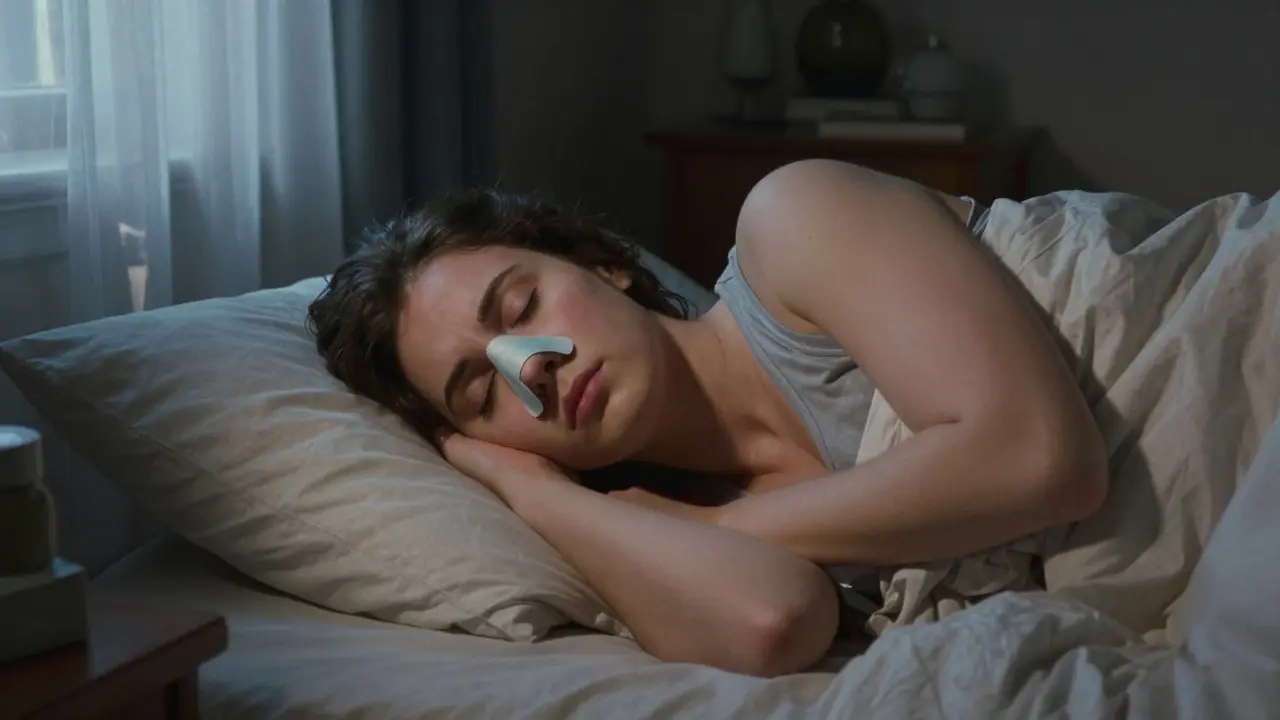 Sleeping person wearing safe nasal strip instead of mouth tape.