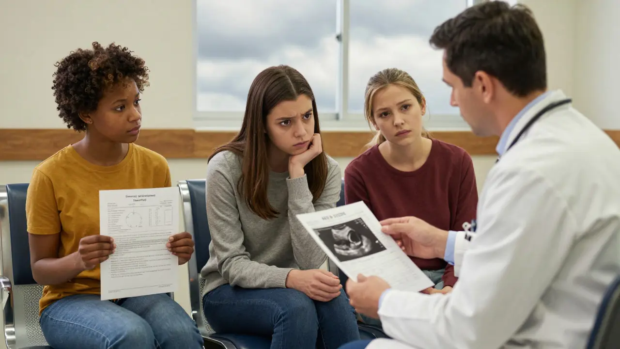 Three patients in a hospital waiting room listen as a doctor explains their liver test results.