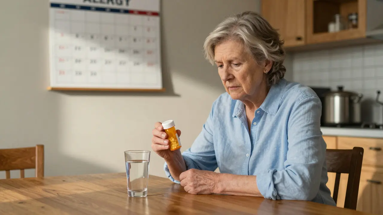 Woman holding allergy medicine bottle calmly at kitchen table.