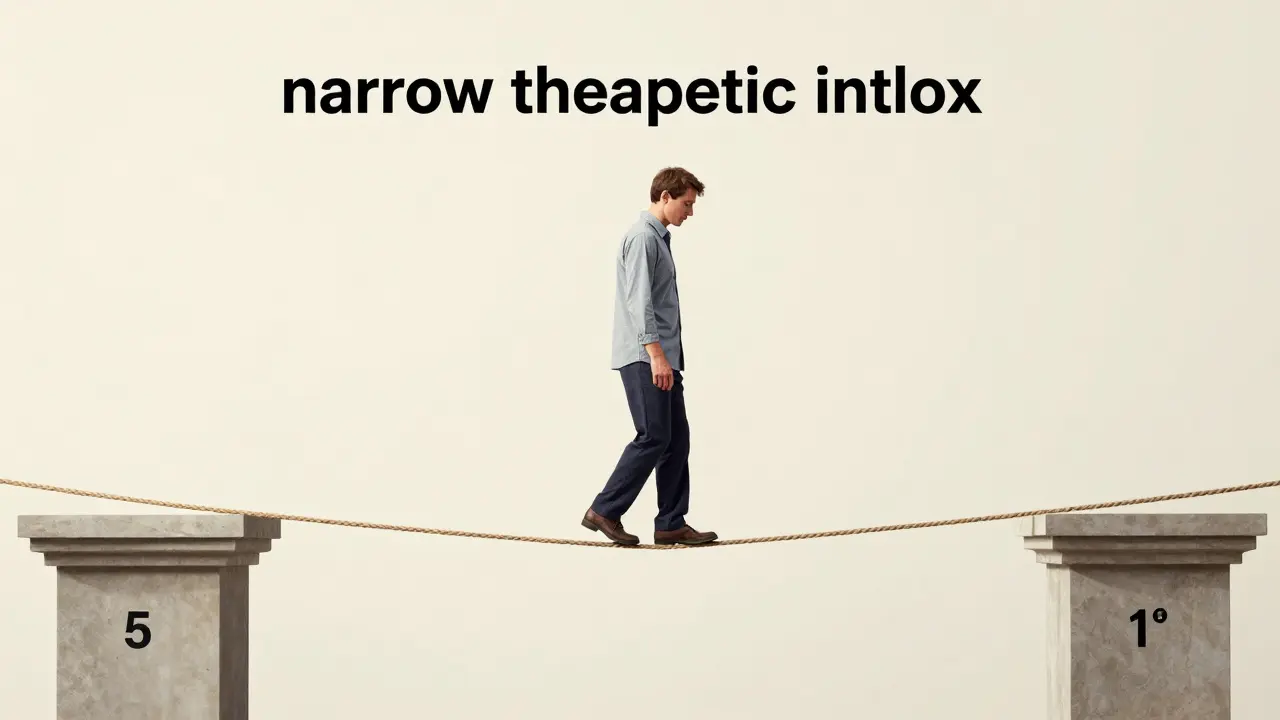 A conceptual illustration of a person balancing on a tightrope to represent a narrow therapeutic index.