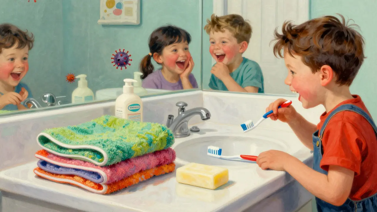 A detailed view of a shared bathroom counter with towels and toiletries in a nostalgic style.