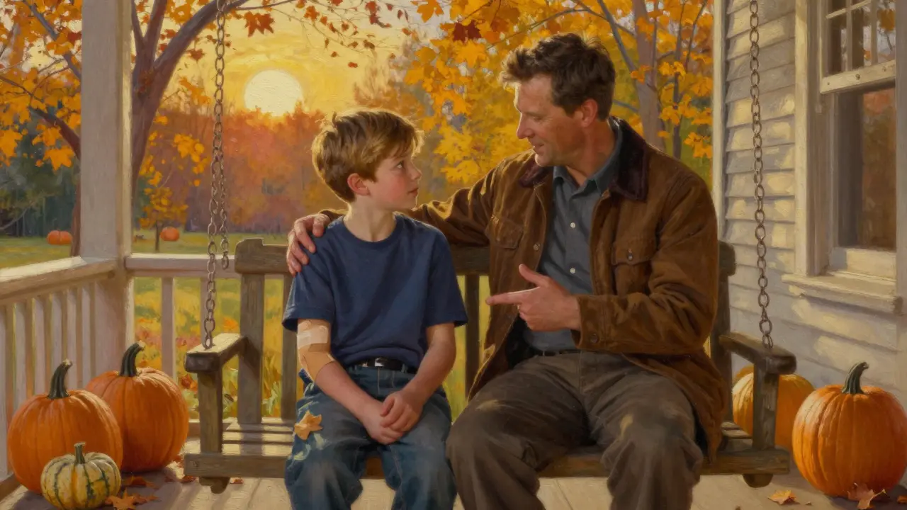 A father and son sitting on a porch swing with a bandage on the boy's arm during autumn.