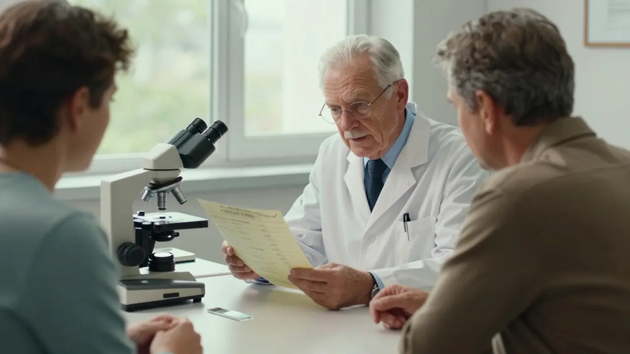 A kind doctor explaining biopsy results to a patient in a classic medical office.