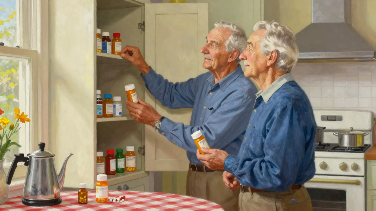 An elderly couple smiling in a sunlit kitchen after recovering their health.