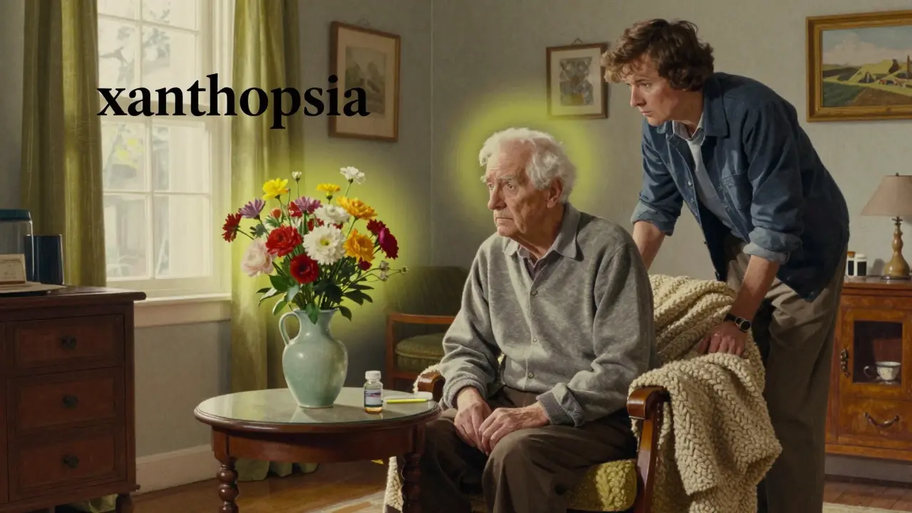 An elderly person in a cozy living room seeing a yellowish-green halo around a vase of flowers.