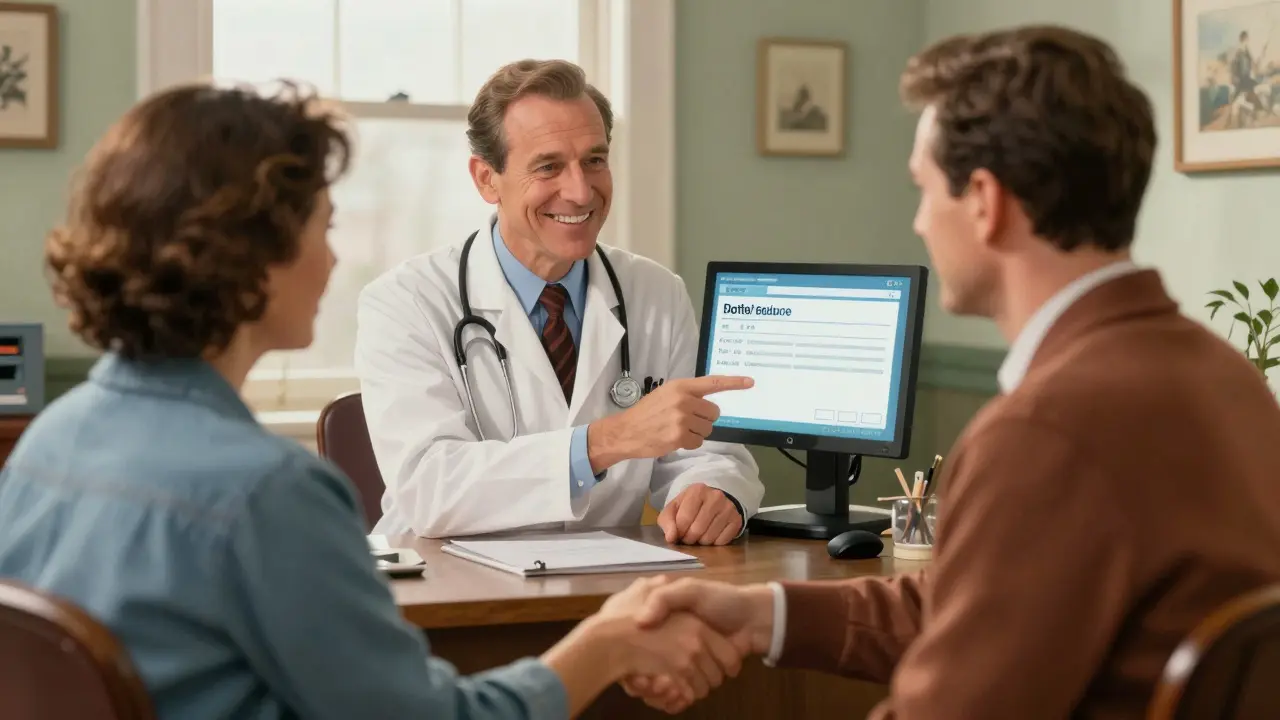 Doctor and patient shaking hands during a telehealth consultation
