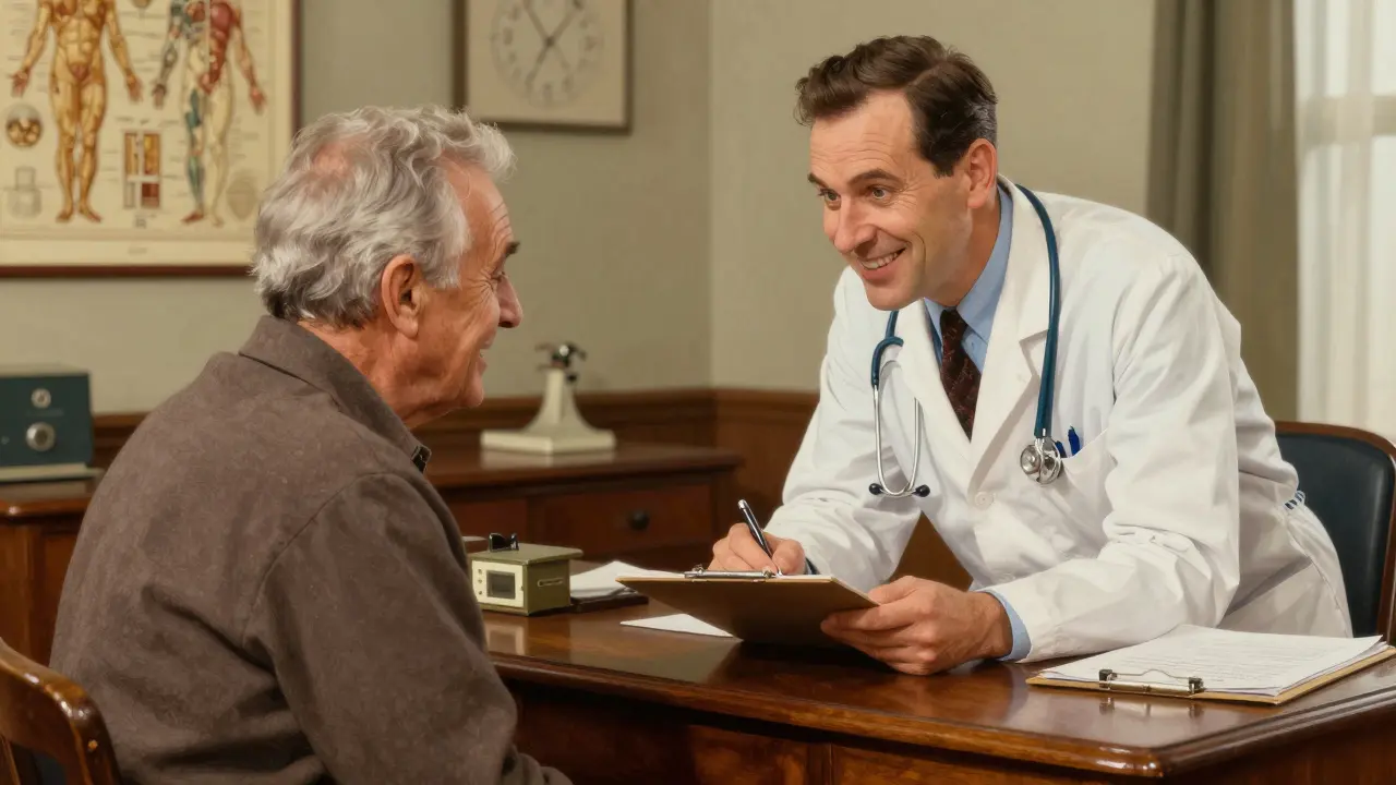 Doctor and senior patient working together in a medical office to file a drug coverage exception.