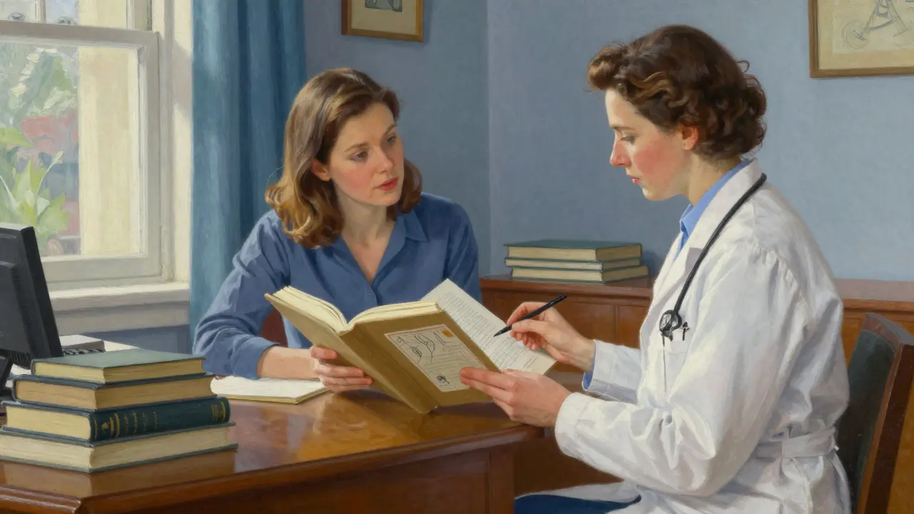 Mother and doctor studying medical journals together.