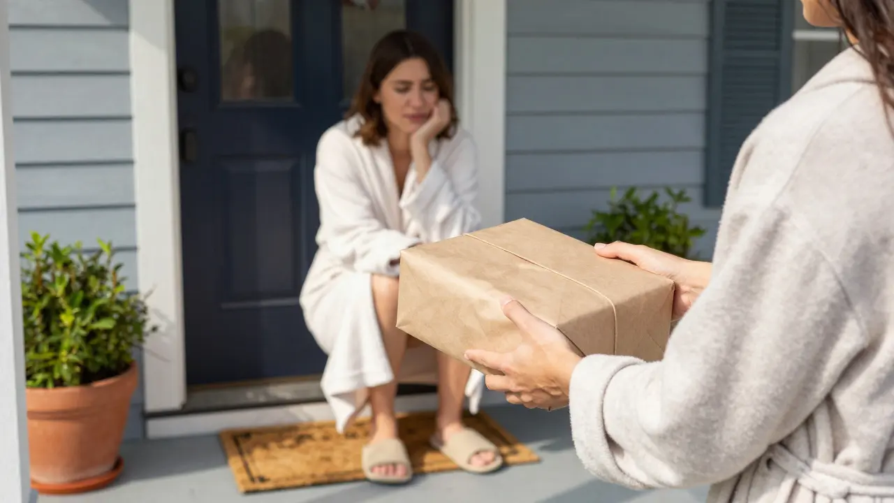 Person happily receiving a pharmacy delivery package at their front door