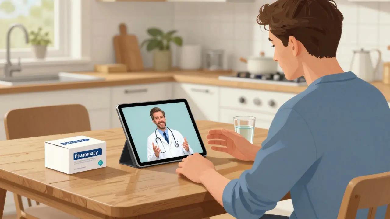Person having a virtual doctor consultation at a kitchen table.