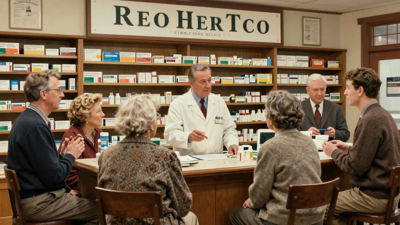 Pharmacist discussing generic medication benefits with a group of seniors in a town pharmacy.