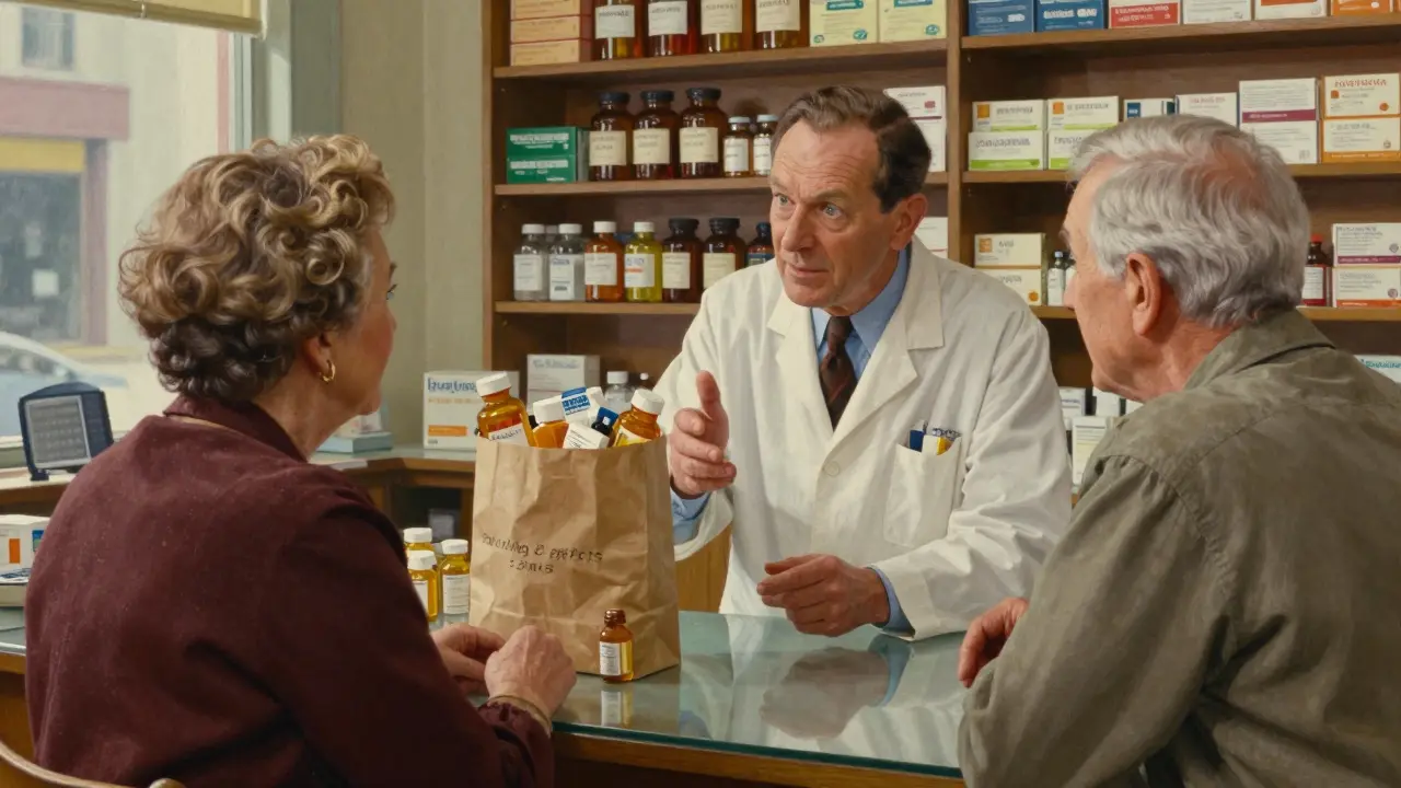 Pharmacist explaining medication interactions to an elderly couple at a drugstore counter.