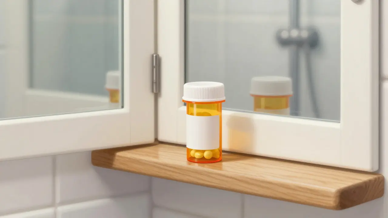 Prescription pill bottle stored safely on a dry wooden shelf.