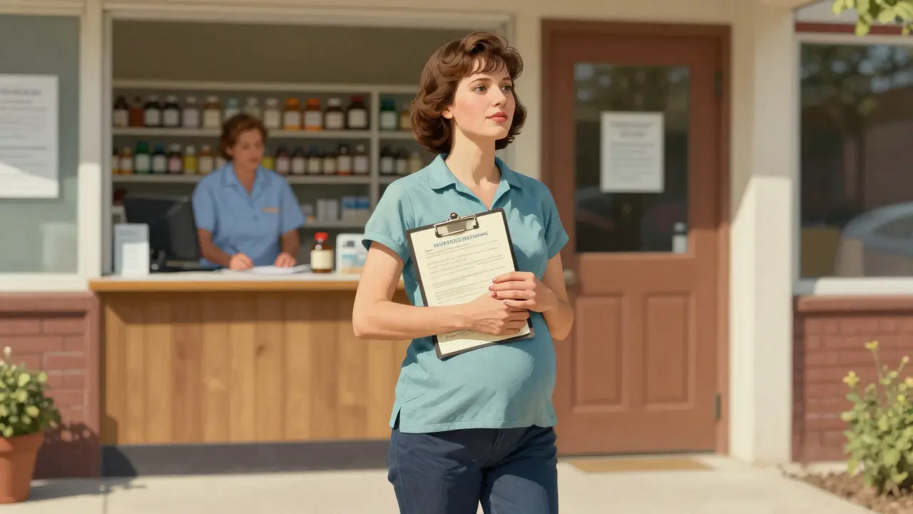 Relieved woman leaving health center with folder.