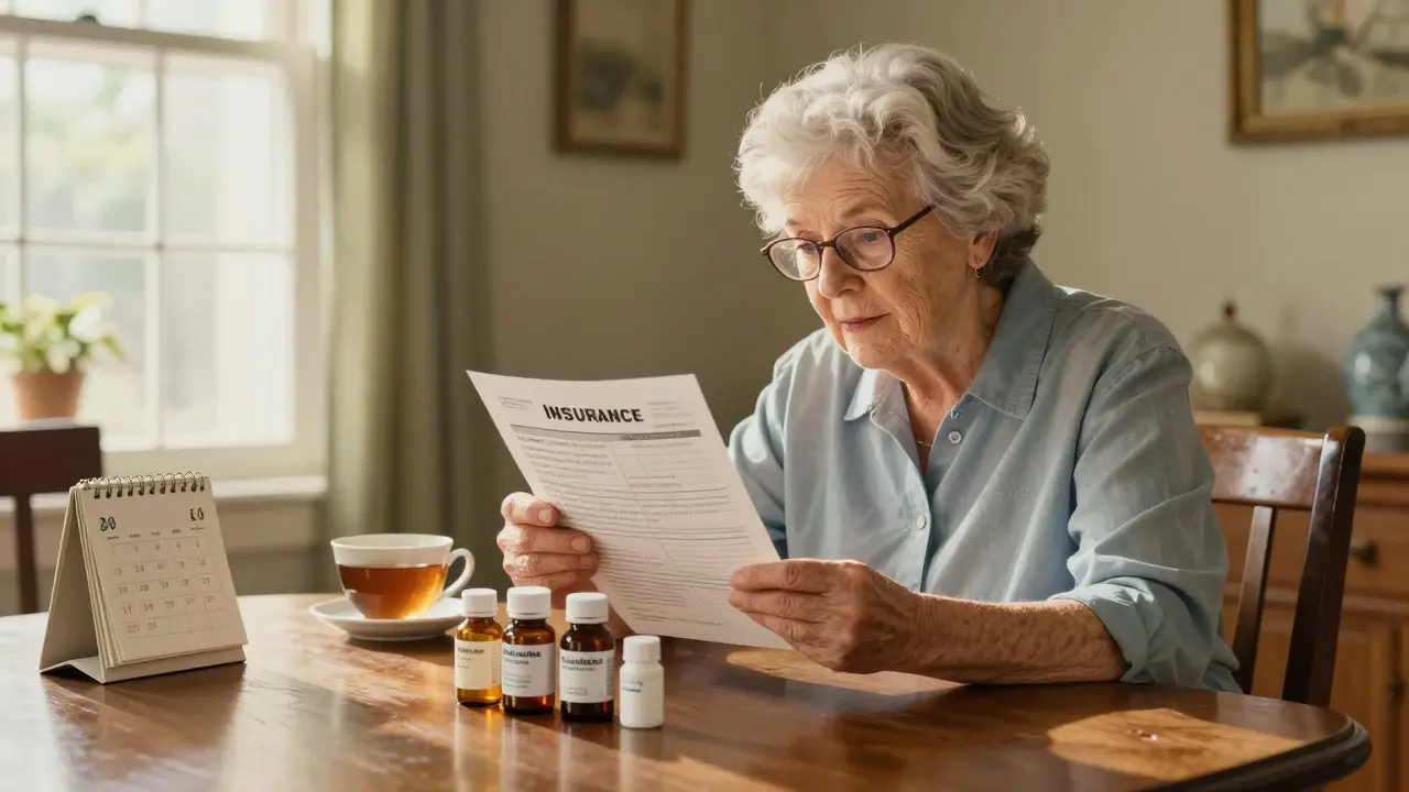Senior woman at a home table reviewing her insurance drug formulary and medication bottles.