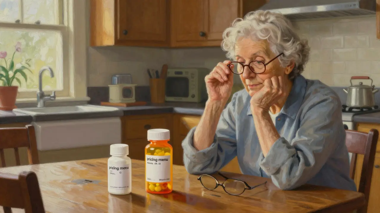 Senior woman comparing a brand-name drug and a generic drug at her kitchen table.