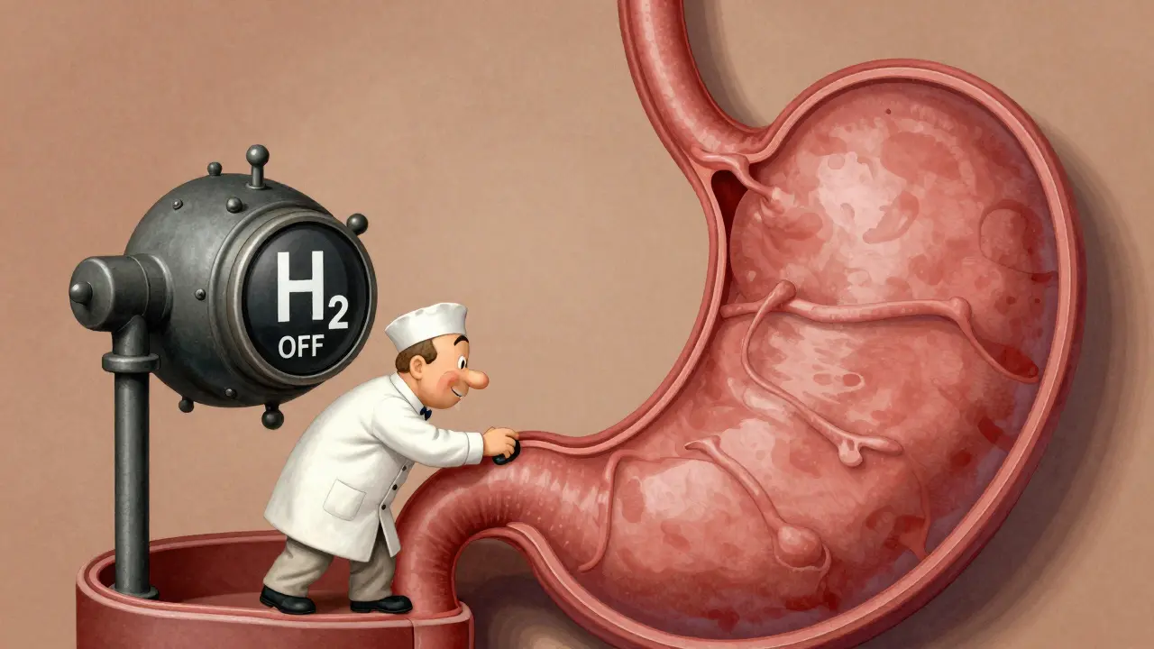 Whimsical illustration of a technician flipping a switch in a stomach-shaped room