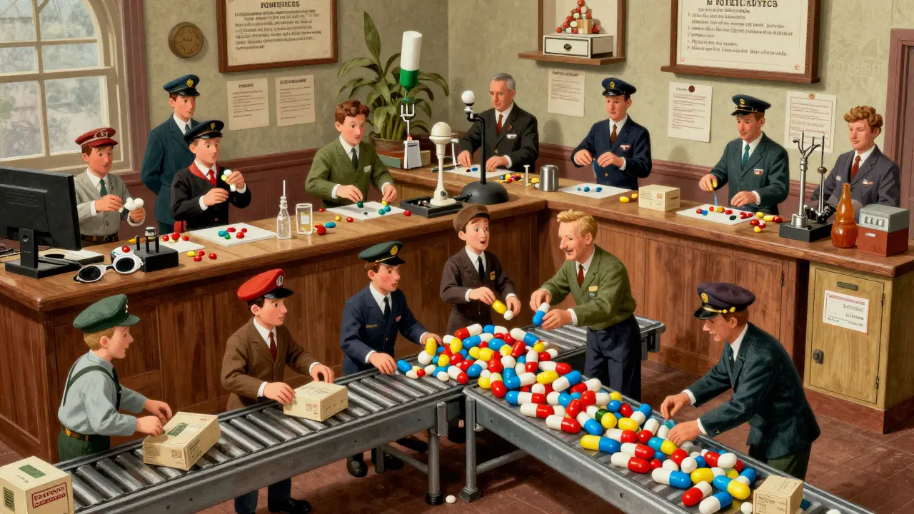 Whimsical postal office depicting drug metabolism and delivery inside the body.