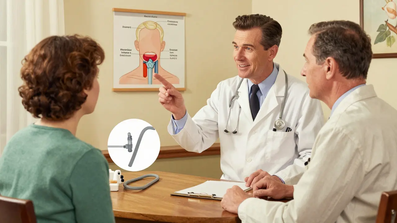 Doctor explaining CPAP vs oxygen therapy using hose metaphor in office