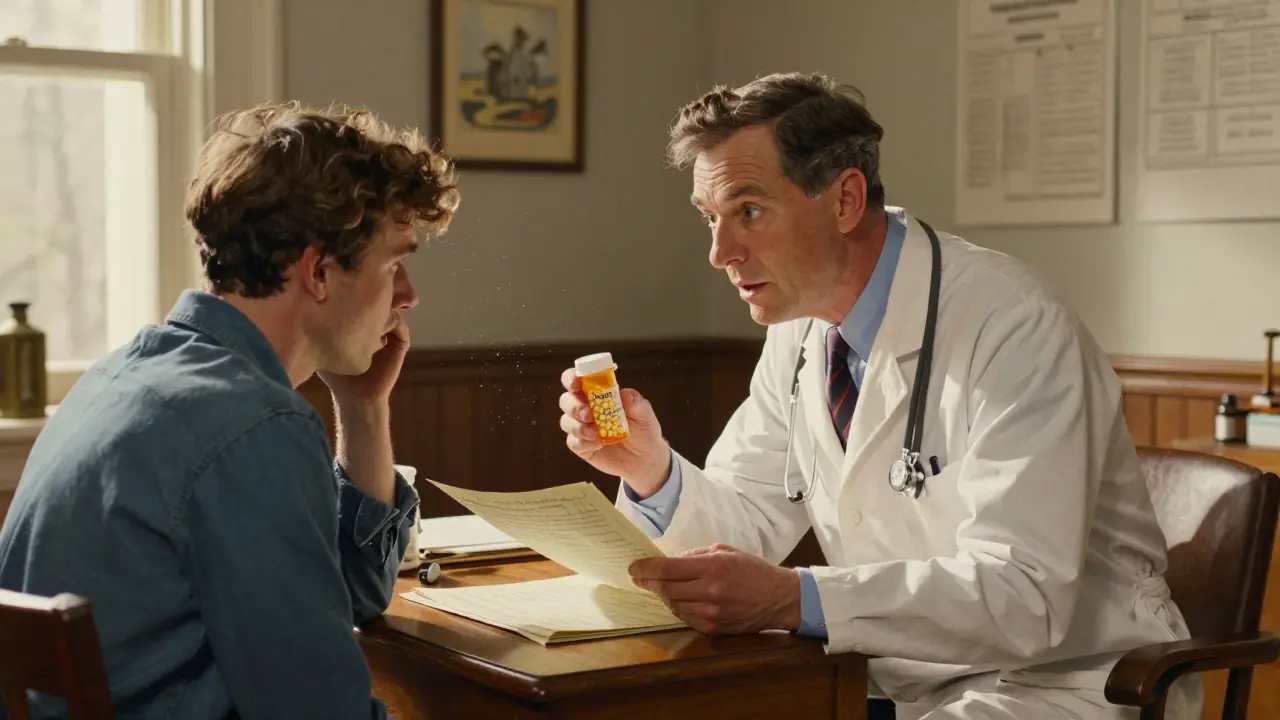 Doctor reassuring anxious patient about generic medication safety in a sunlit office.