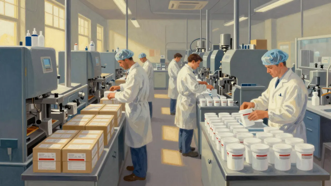 Factory workers packaging brand and generic drugs side by side
