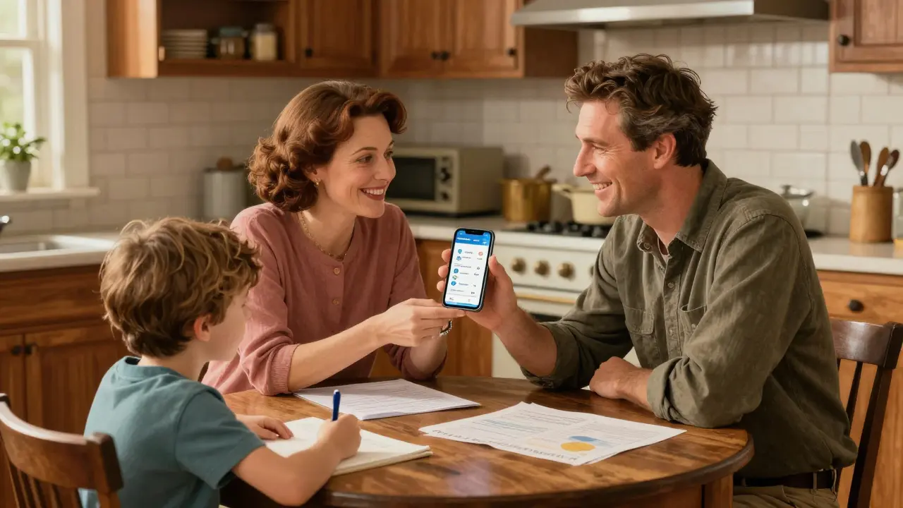 Family using smartphone app to find cheap prescription discounts