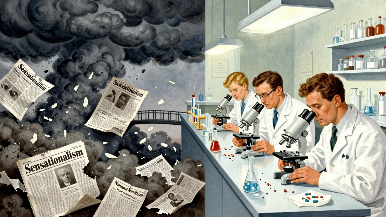 Illustration contrasting media sensationalism with scientific reality of generic drug testing.