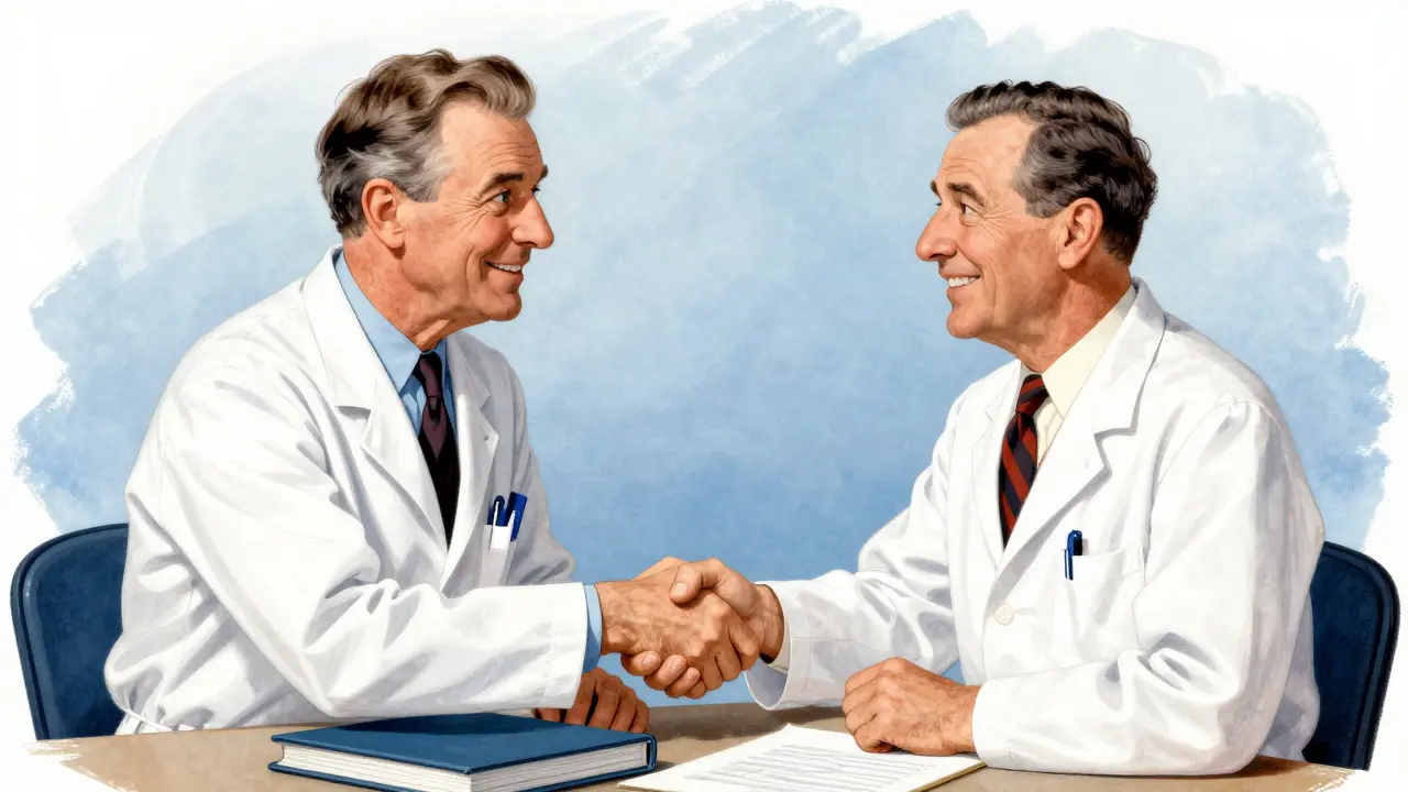 Manufacturer and regulator shaking hands in a warm, collaborative meeting scene.