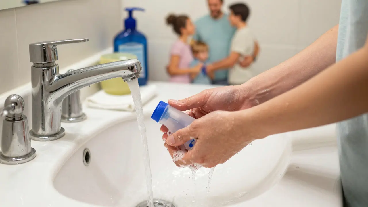 Parent washing asthma spacer and mask in sink for hygiene
