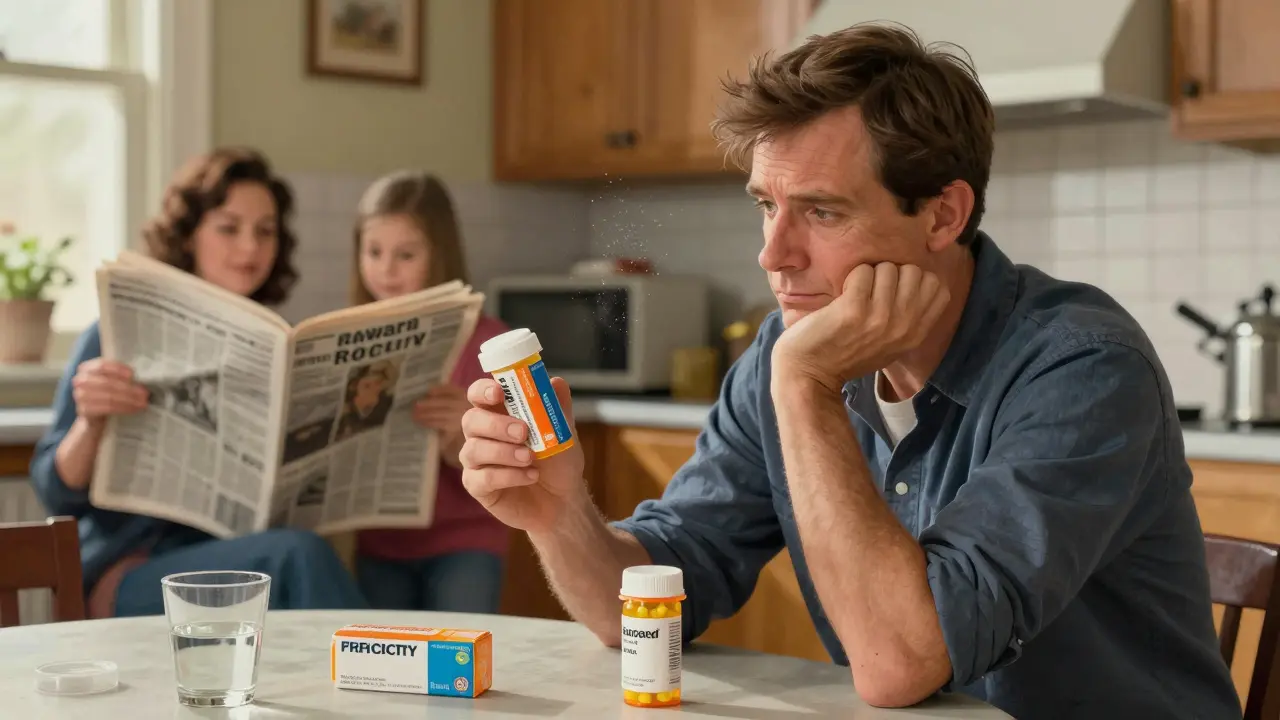 Patient comparing brand name and authorized generic pills