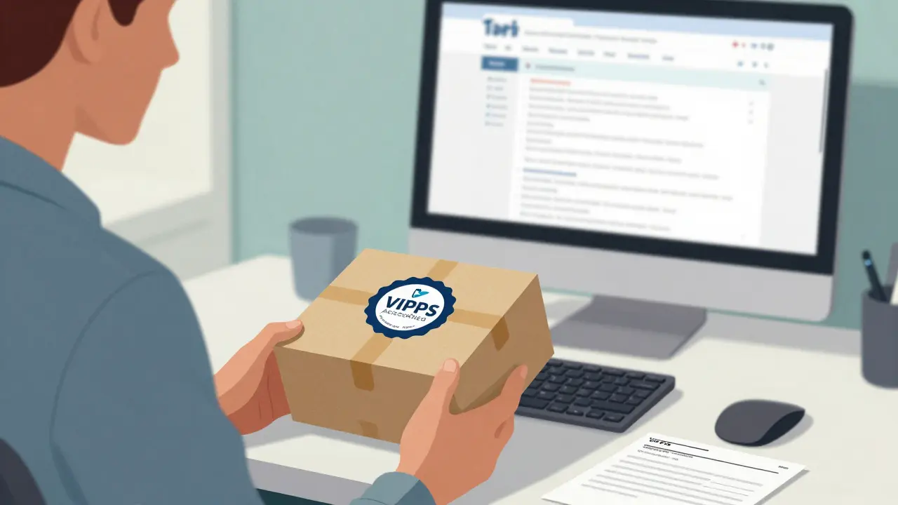Person receiving verified medication package from safe online pharmacy