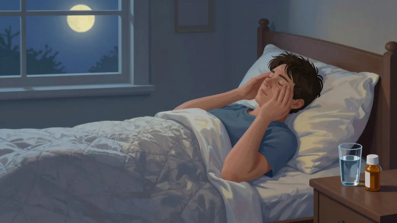 Person sleeping peacefully in bed with medication on nightstand