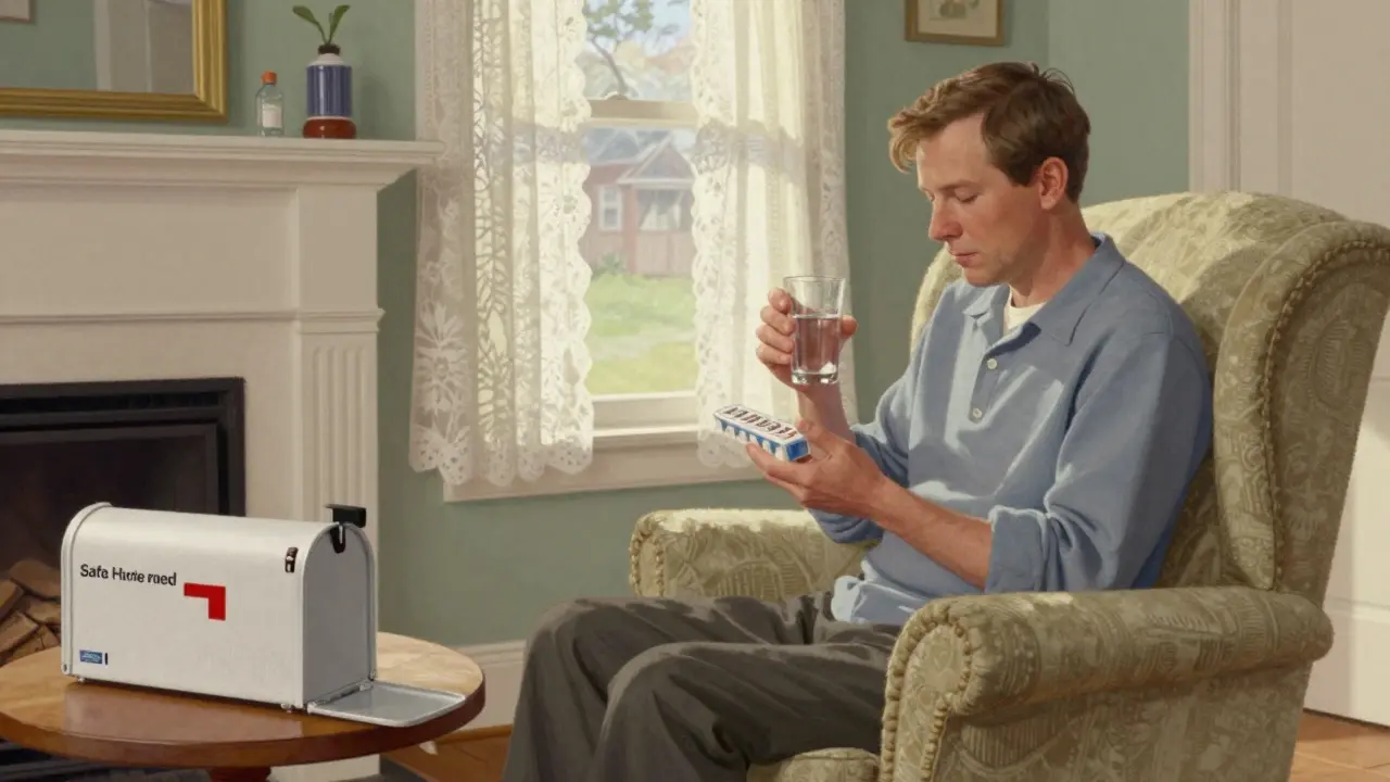 Person taking medication safely at home with delivered package