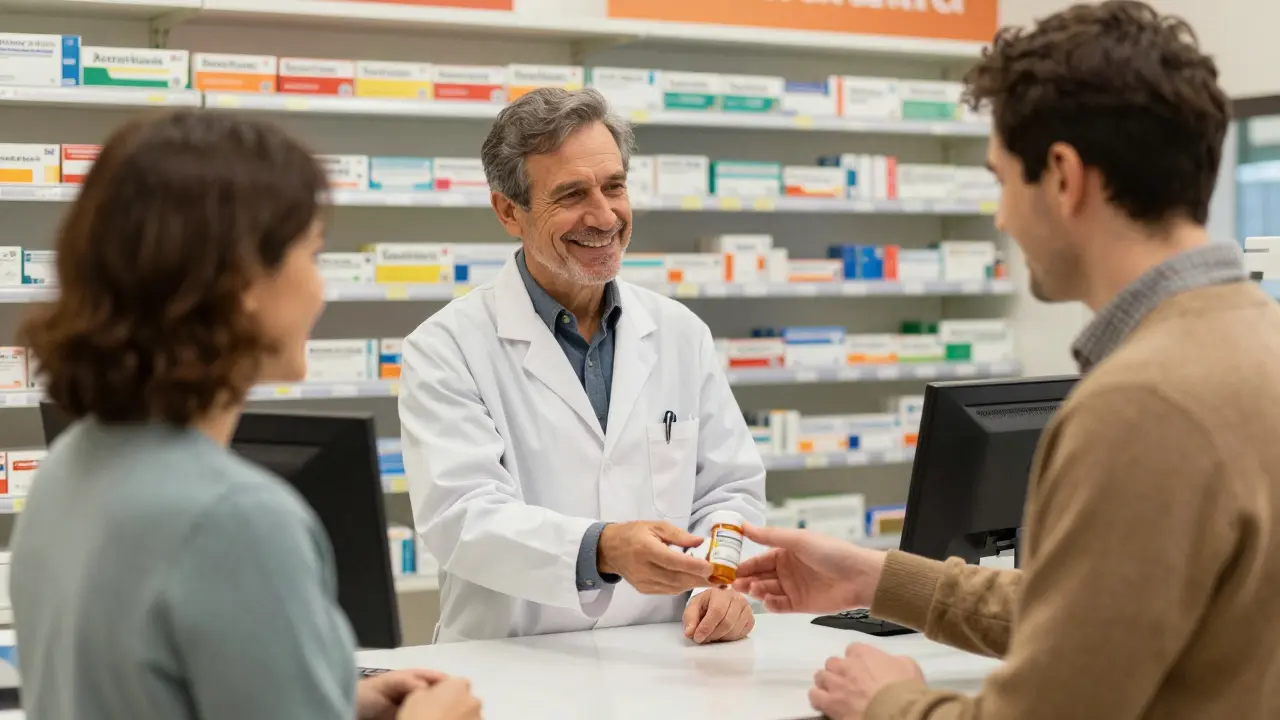 Pharmacist handing prescription bottle to smiling customer at counter