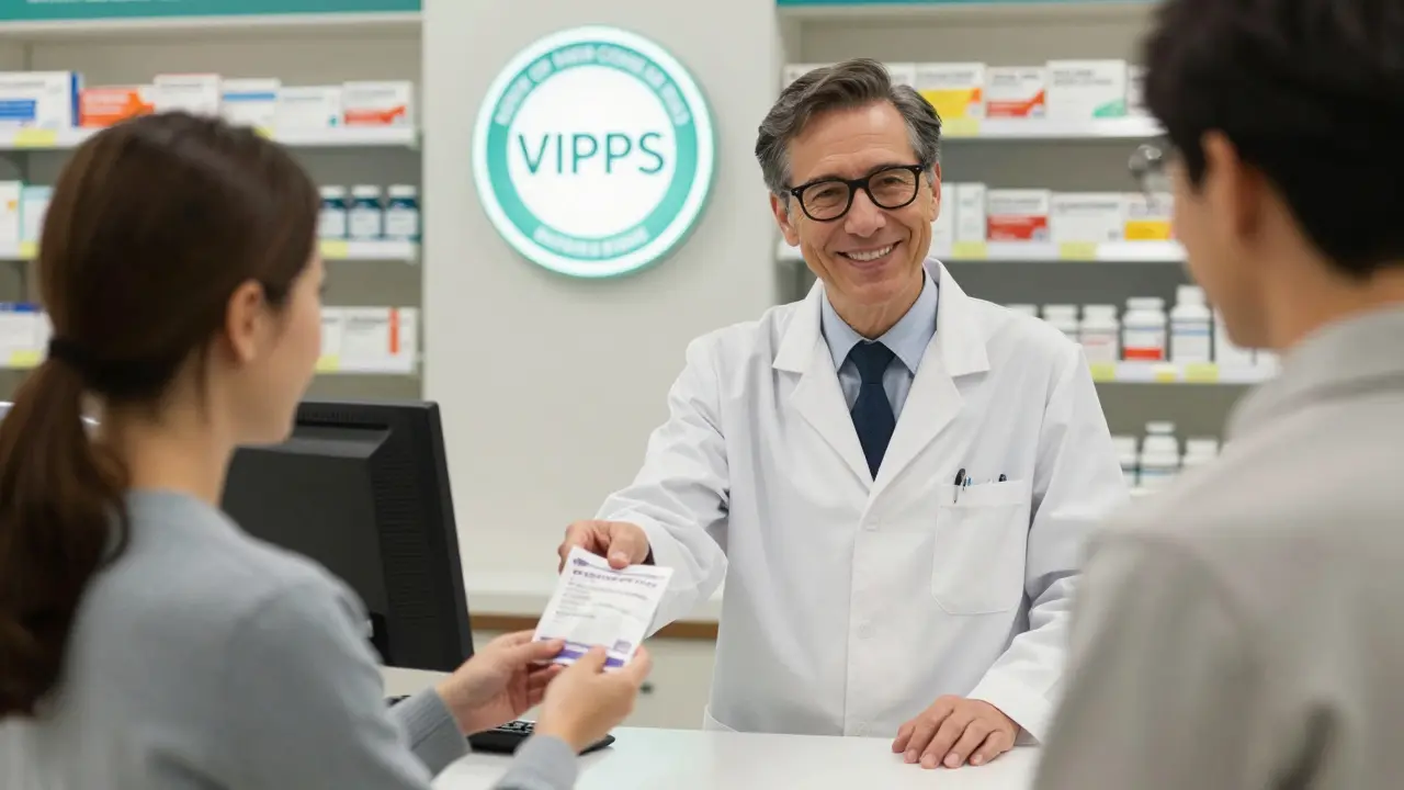 Pharmacist handing prescription to customer with VIPPS seal visible