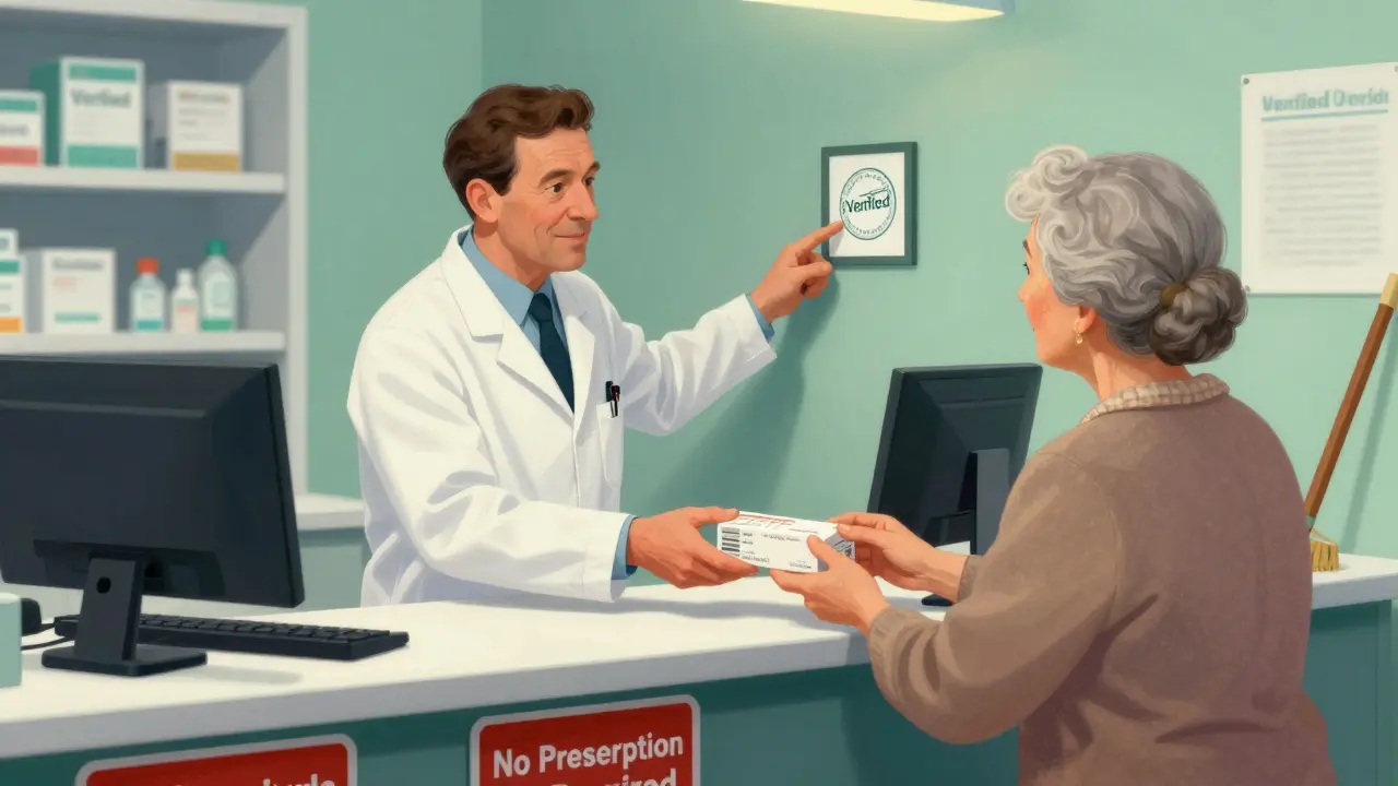 Pharmacist safely dispensing verified generic medication to patient