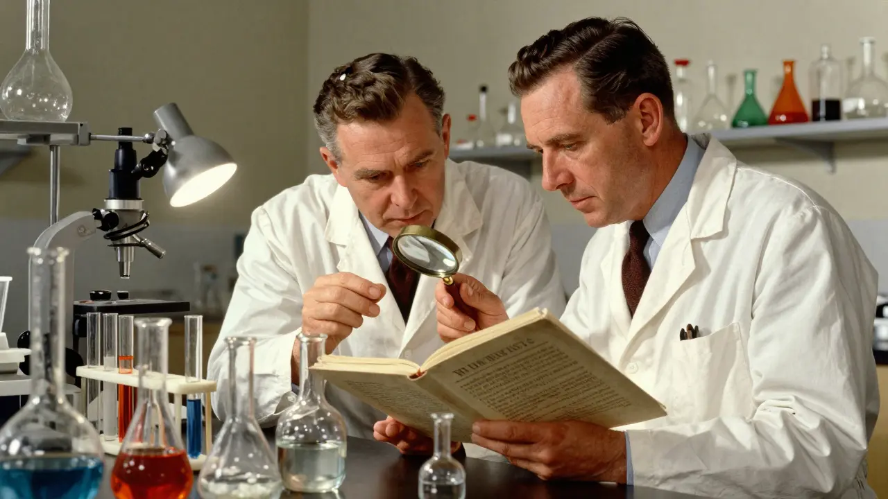 Scientists carefully analyzing chemical samples in a detailed, mid-century laboratory.