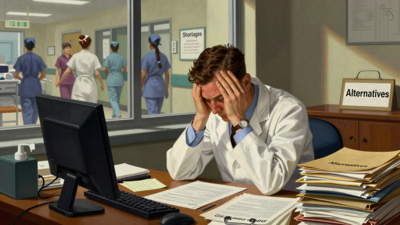 Stressed hospital administrator dealing with paperwork caused by drug shortages.