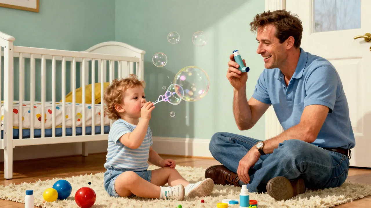 Toddler playing bubble game while learning breathing technique