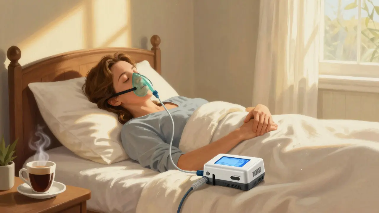 Woman sleeping peacefully with CPAP mask in sunlit bedroom