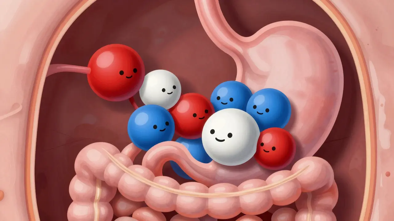 Cartoon molecules showing calcium and iron blocking thyroid drug absorption