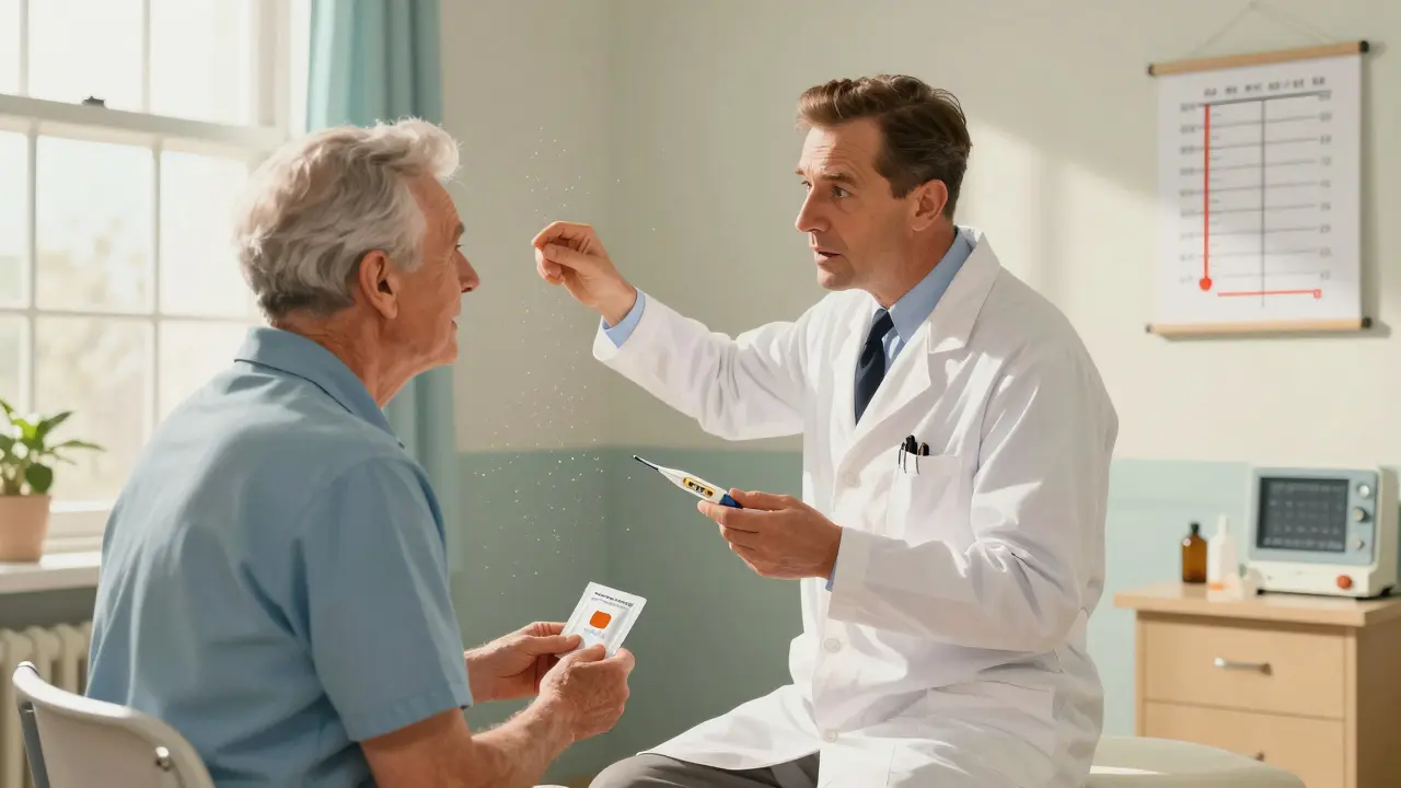 Doctor advising patient on fentanyl patch safety and fever risks