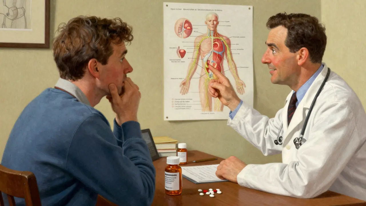 Doctor explaining how medications block sweating to a concerned patient